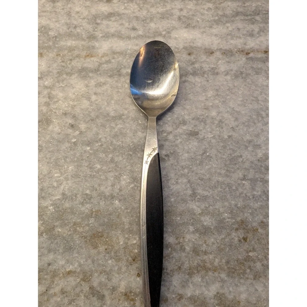 Vtg Mar-Crest Stainless Japan Faux Wood Handle Teaspoon Atomic Starburst MCFMCF3